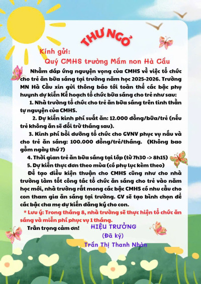 TIN VUI CHO CÁC PHỤ HUYNH TRƯỜNG MẦM NON HÀ CẦU