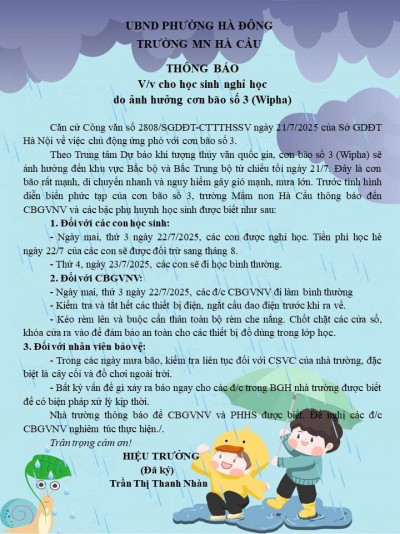 THÔNG BÁO VỀ VIỆC CHO HỌC SINH NGHỈ HỌC TRÁNH CƠN BÃO SỐ 3 (WIPHA)